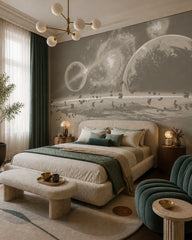 Beige galaxy wallpaper in a designer bedroom.