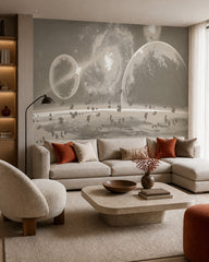 Beige galaxy wallpaper in a designer living room.