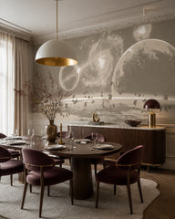 Beige galaxy wallpaper in a refined dining area.