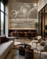 Beige galaxy wallpaper in a creative office lounge.