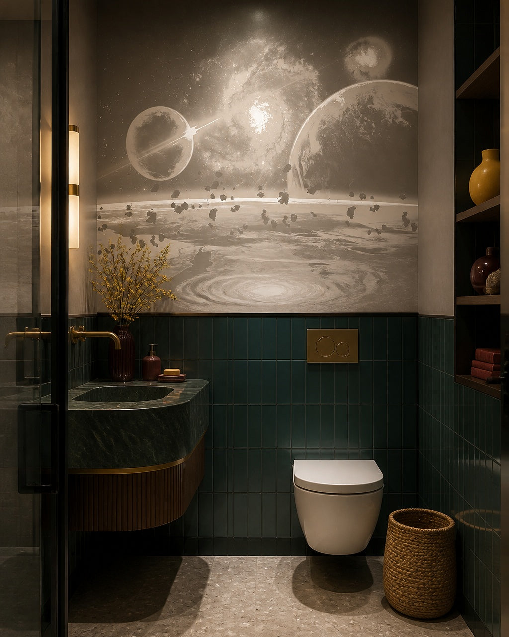 Beige galaxy wallpaper in a luxury bathroom.