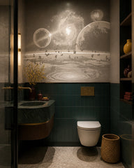 Beige galaxy wallpaper in a luxury bathroom.