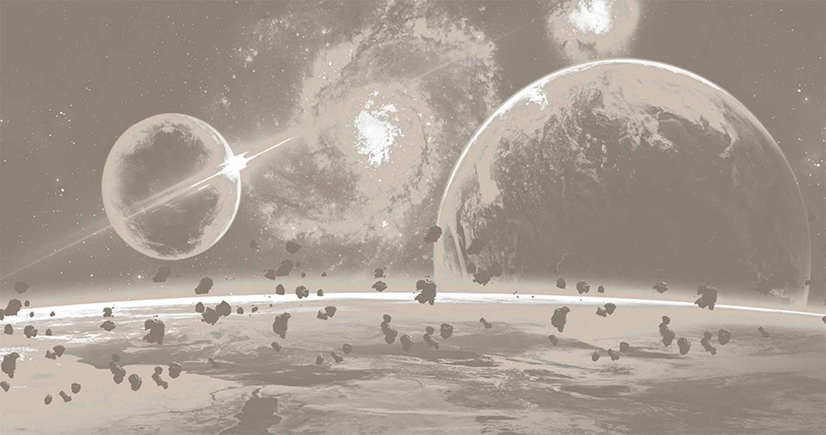 Fototapete Beige Galaxie – Neutrale Planeten und Spiralgalaxie