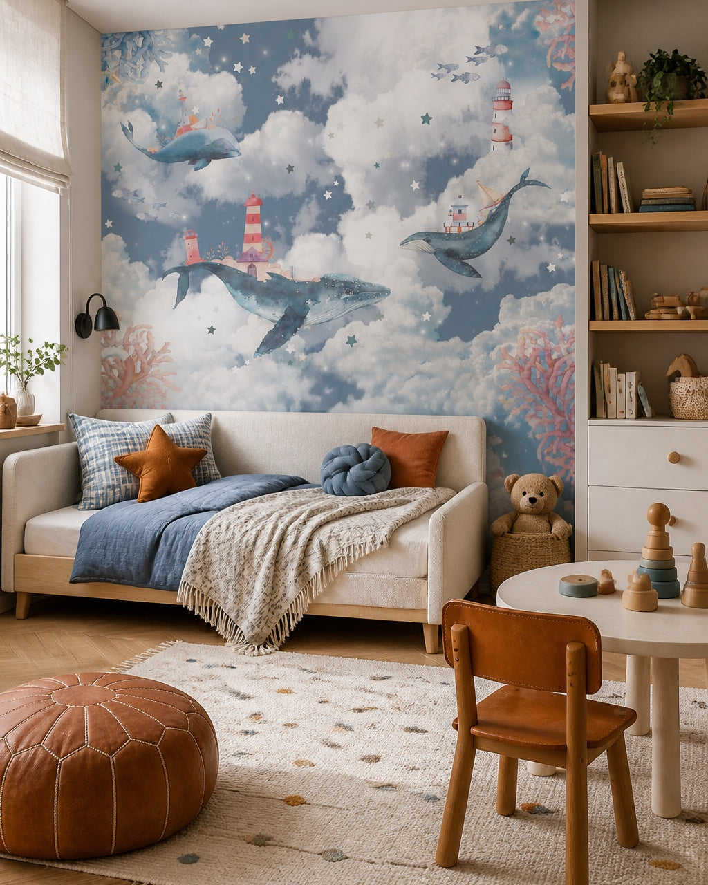 Whales in the clouds wallpaper in a toddler bedroom with a child-sized bed.