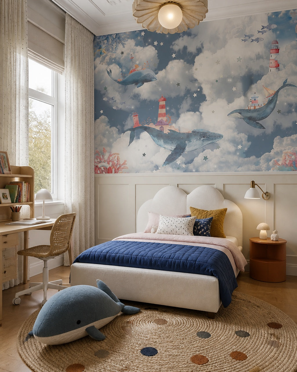 Whales in the clouds wallpaper in a girl’s bedroom.