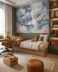 Whales in the clouds wallpaper in a boy’s bedroom.