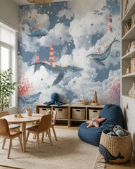 Whales in the clouds wallpaper in a children’s playroom.