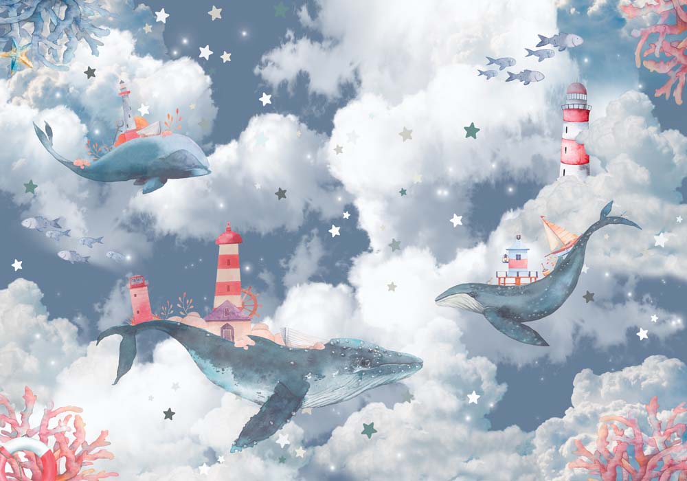 Kids Wall Mural Magic Blue Whale in Clouds Sky Ocean Lighthouse Nursery Wallpaper