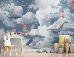 Custom Kids Wall Mural Magic Blue Whale in Clouds Sky Ocean Lighthouse Nursery Wallpaper