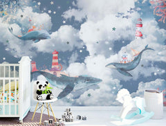 Custom Kids Wall Mural Magic Blue Whale in Clouds Sky Ocean Lighthouse Nursery Wallpaper