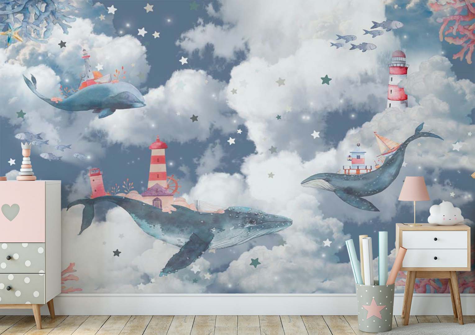 Kids Wall Mural Magic Blue Whale in Clouds Sky Ocean Lighthouse Nursery Wallpaper