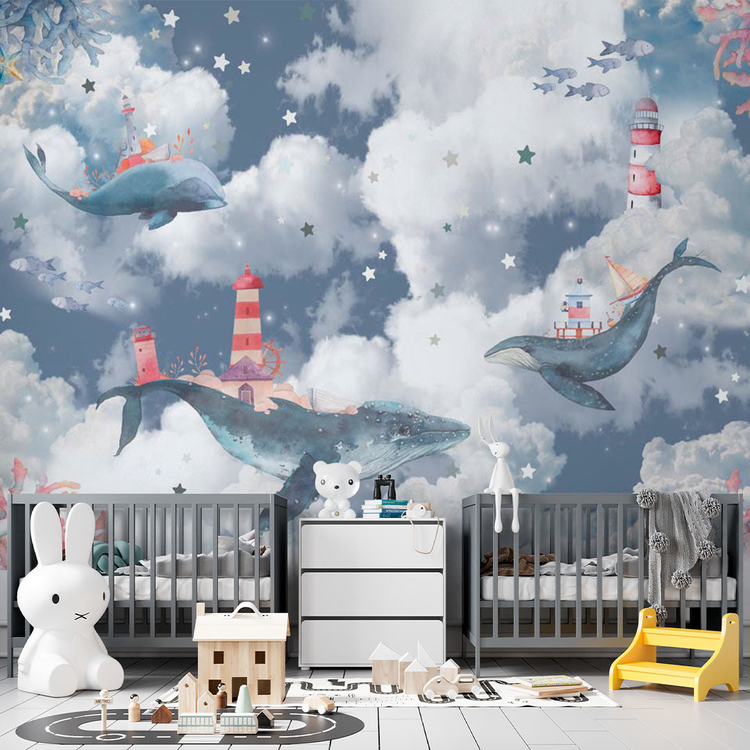 Kids Wall Mural Magic Blue Whale in Clouds Sky Ocean Lighthouse Nursery Wallpaper