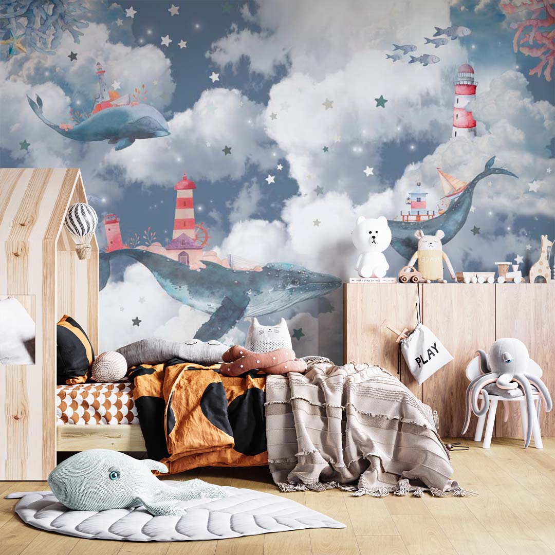 Kids Wall Mural Magic Blue Whale in Clouds Sky Ocean Lighthouse Nursery Wallpaper