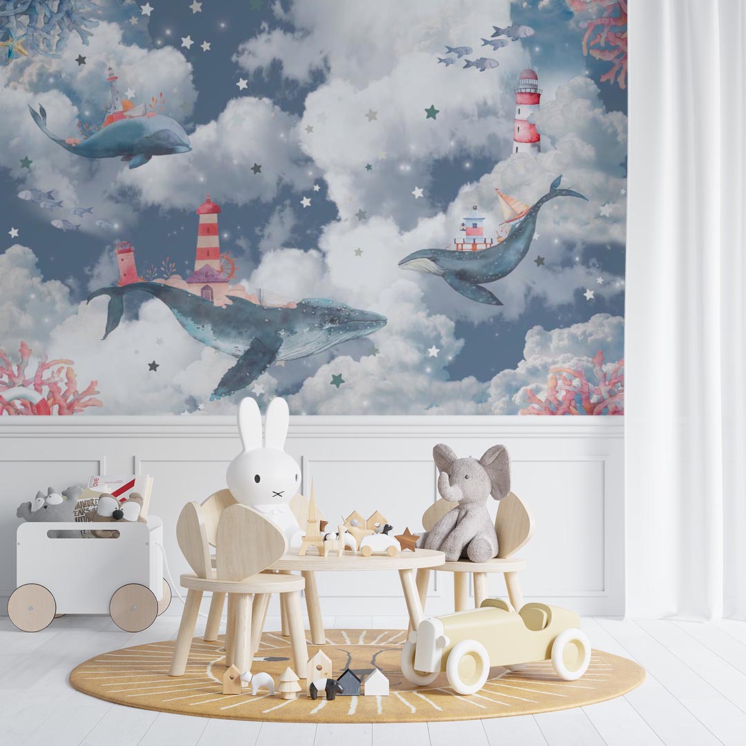 Kids Wall Mural Magic Blue Whale in Clouds Sky Ocean Lighthouse Nursery Wallpaper