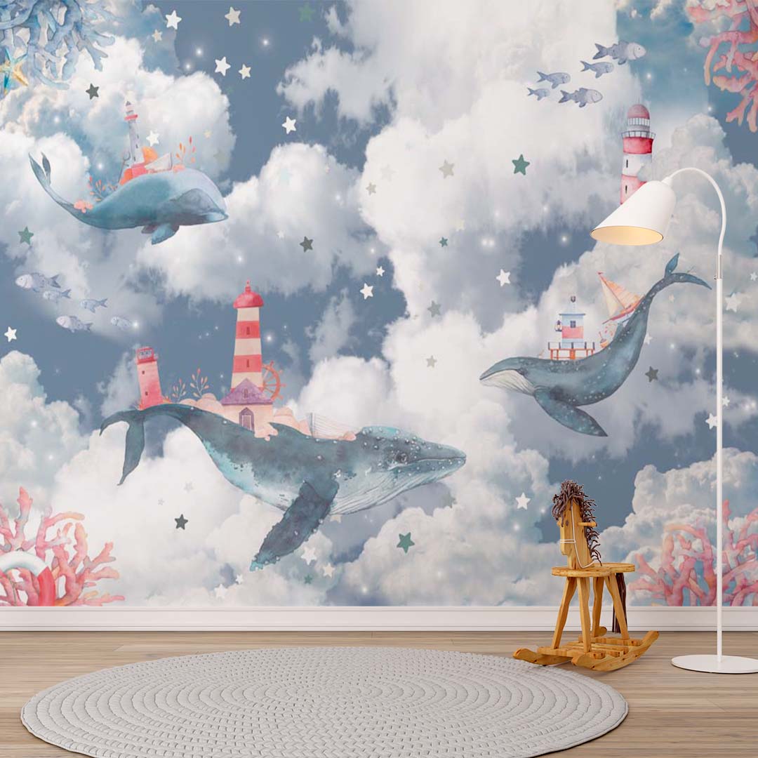 Custom Kids Wall Mural Magic Blue Whale in Clouds Sky Ocean Lighthouse Nursery Wallpaper