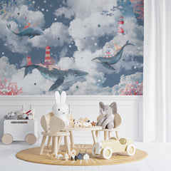 Custom Kids Wall Mural Magic Blue Whale in Clouds Sky Ocean Lighthouse Nursery Wallpaper