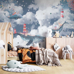 Custom Kids Wall Mural Magic Blue Whale in Clouds Sky Ocean Lighthouse Nursery Wallpaper