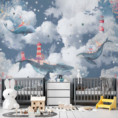 Custom Kids Wall Mural Magic Blue Whale in Clouds Sky Ocean Lighthouse Nursery Wallpaper