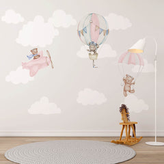 Niestandardowa fototapeta dla dzieci Balony na ogrzane powietrze Miś w chmurach Tapeta do pokoju dziecięcego