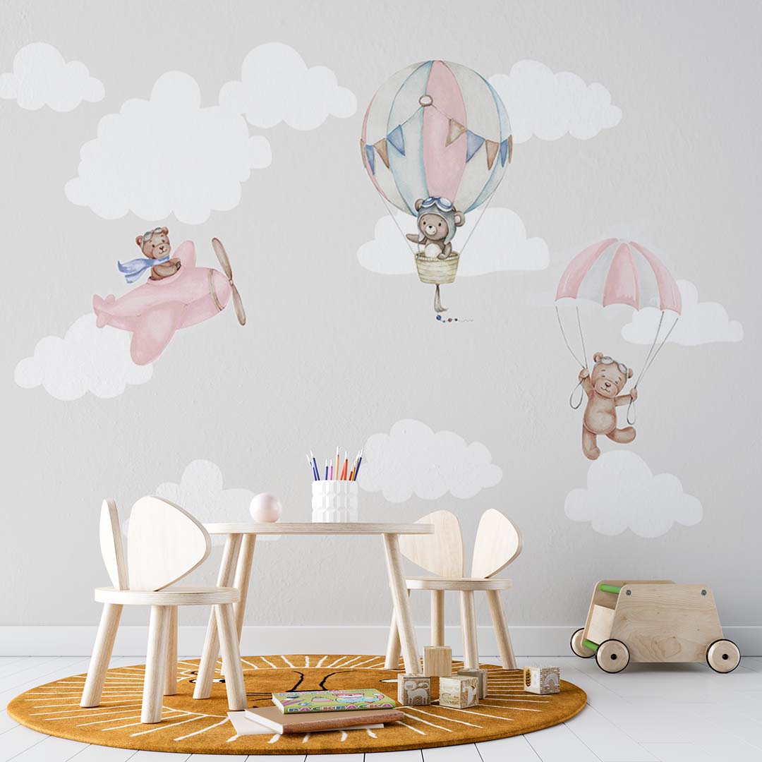 Kids Wall Murals Teddy Bear Hot Air Balloons Skyline Minimal Design Wallpaper for KIds