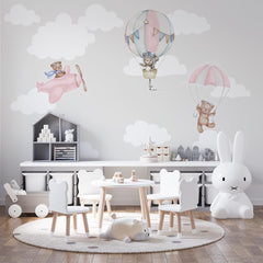Niestandardowa fototapeta dla dzieci Balony na ogrzane powietrze Miś w chmurach Tapeta do pokoju dziecięcego