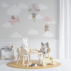 Niestandardowa fototapeta dla dzieci Balony na ogrzane powietrze Miś w chmurach Tapeta do pokoju dziecięcego