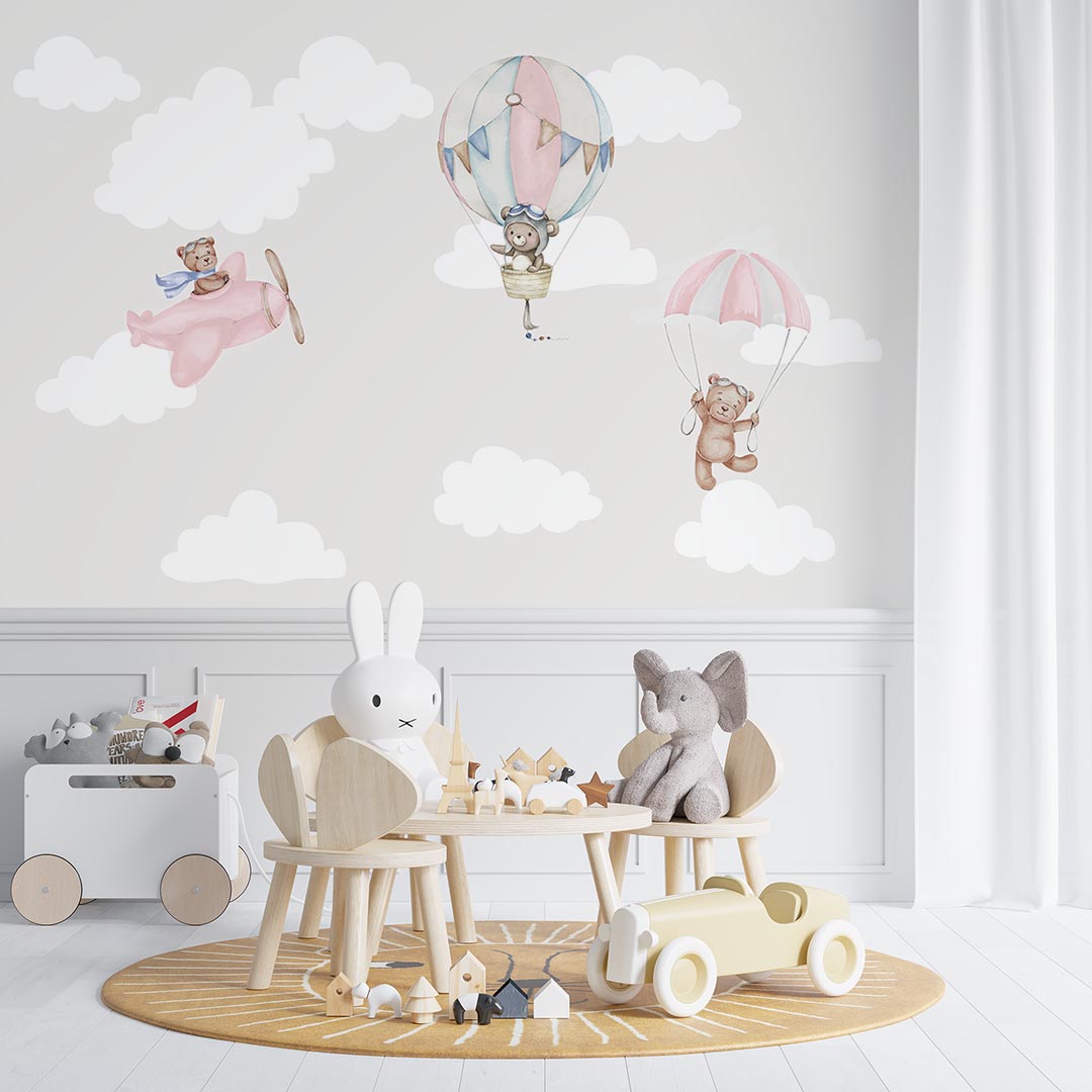 Kids Wall Murals Teddy Bear Hot Air Balloons Skyline Minimal Design Wallpaper for KIds