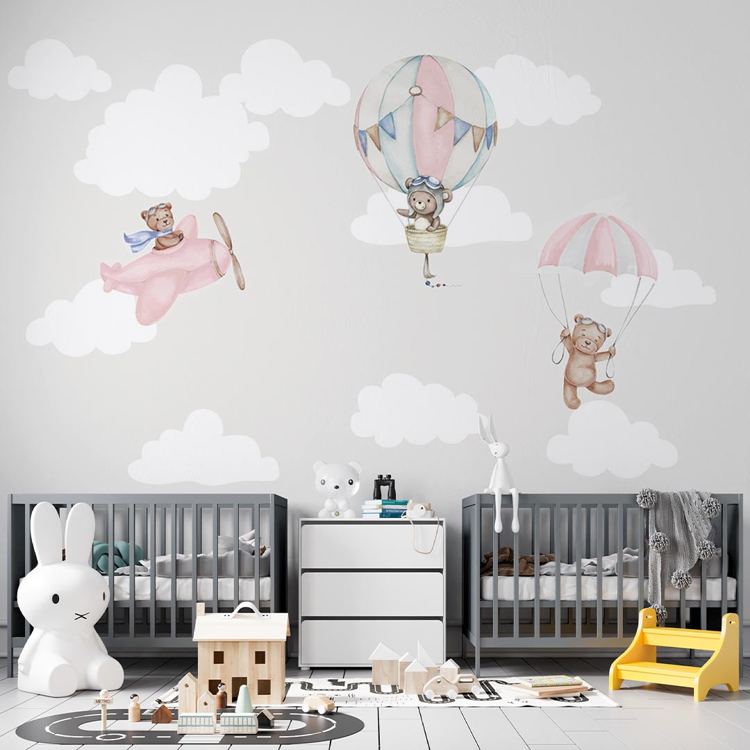 Kids Wall Murals Teddy Bear Hot Air Balloons Skyline Minimal Design Wallpaper for KIds