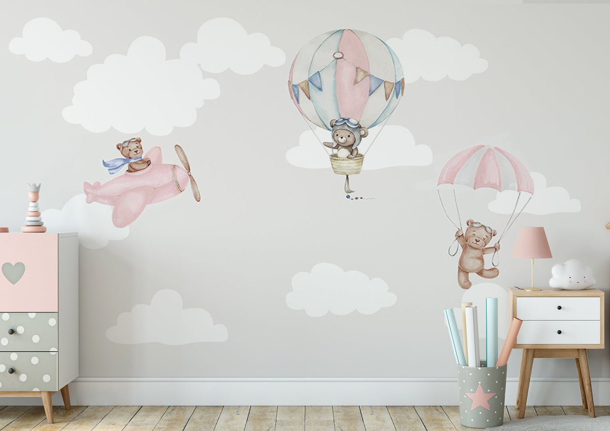 Niestandardowa fototapeta dla dzieci Balony na ogrzane powietrze Miś w chmurach Tapeta do pokoju dziecięcego