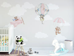 Niestandardowa fototapeta dla dzieci Balony na ogrzane powietrze Miś w chmurach Tapeta do pokoju dziecięcego
