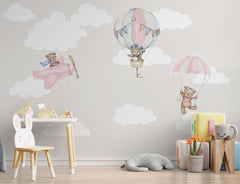 Niestandardowa fototapeta dla dzieci Balony na ogrzane powietrze Miś w chmurach Tapeta do pokoju dziecięcego