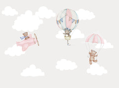 Niestandardowa fototapeta dla dzieci Balony na ogrzane powietrze Miś w chmurach Tapeta do pokoju dziecięcego