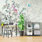 Charming Bird and Branches Wall Mural Wallpaper with Butterflies