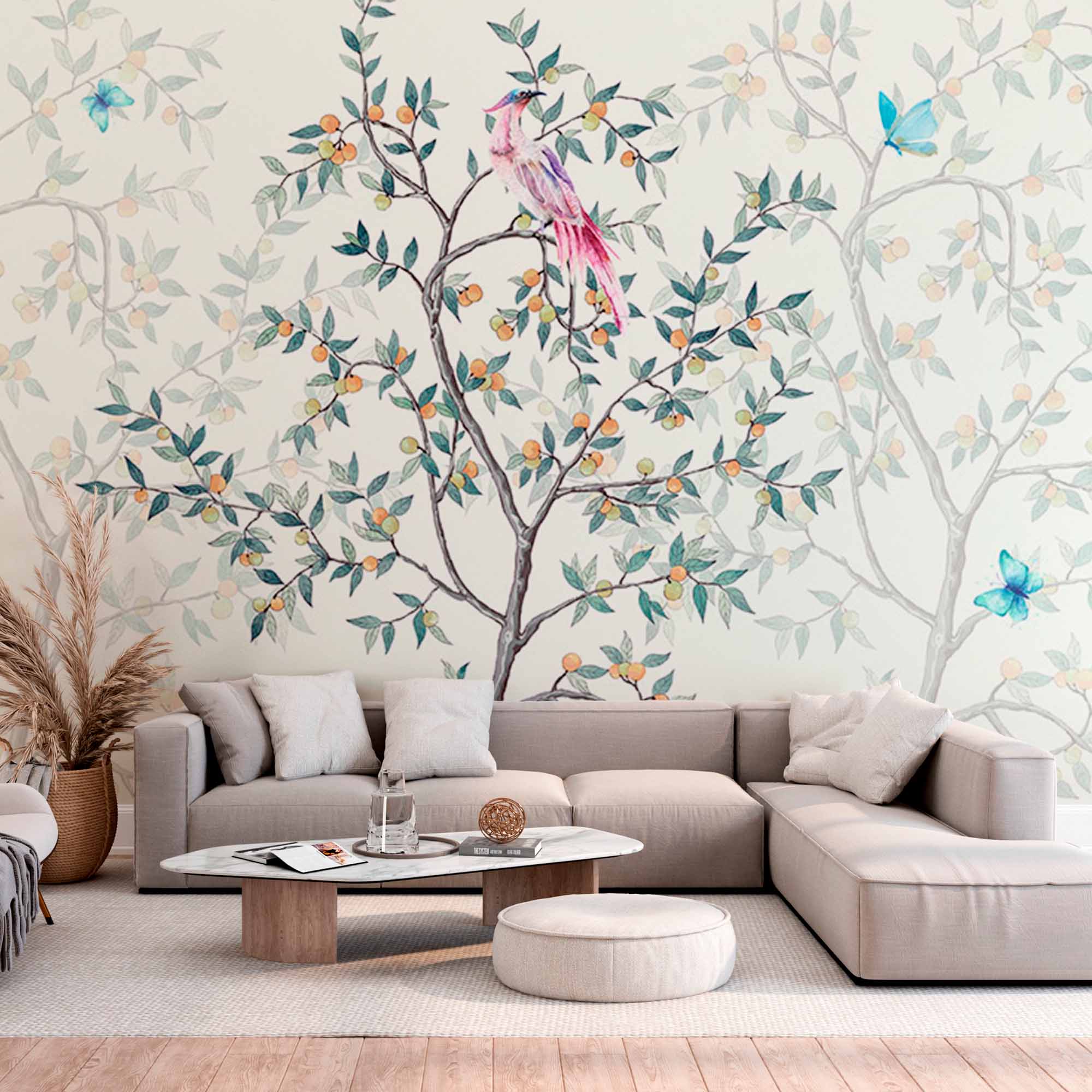 Charming Bird and Branches Wall Mural Wallpaper with Butterflies