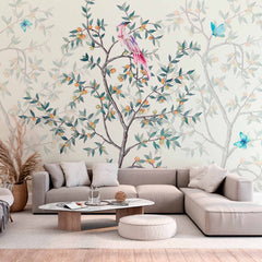 Custom Charming Bird and Branches Wall Mural Wallpaper with Butterflies