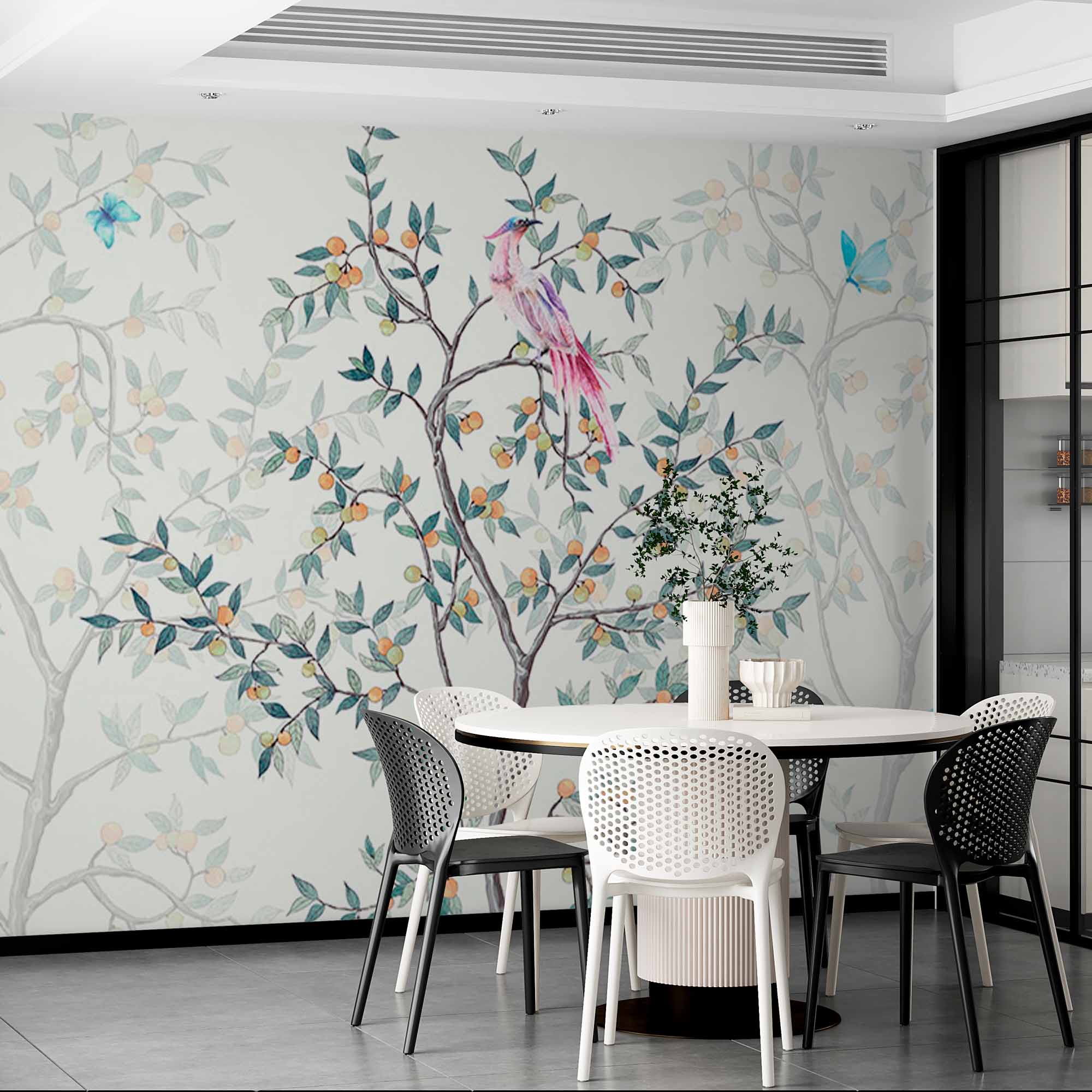 Charming Bird and Branches Wall Mural Wallpaper with Butterflies