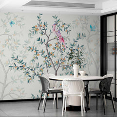 Custom Charming Bird and Branches Wall Mural Wallpaper with Butterflies