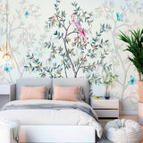 Charming Bird and Branches Wall Mural Wallpaper with Butterflies