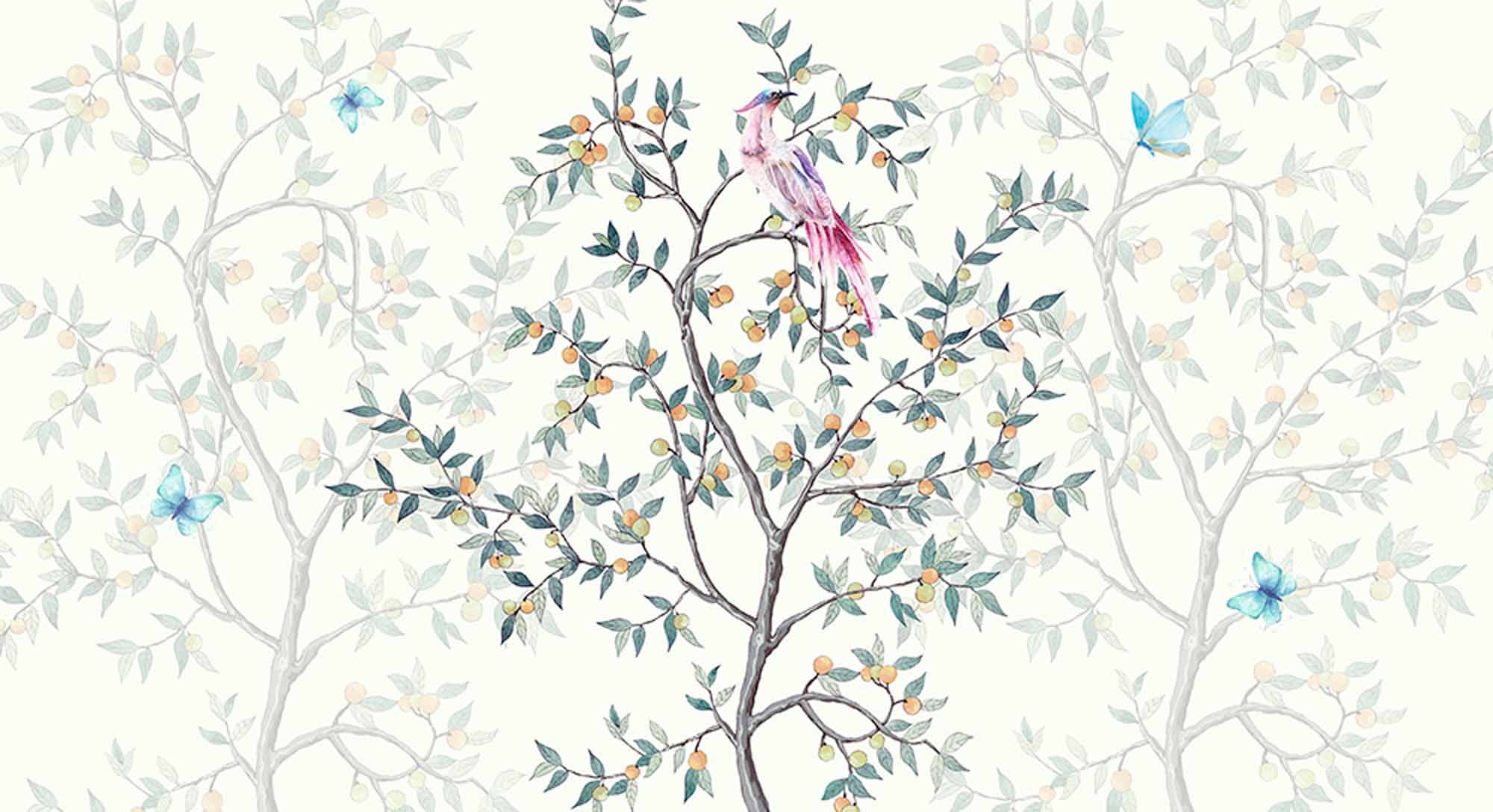 Charming Bird and Branches Wall Mural Wallpaper with Butterflies