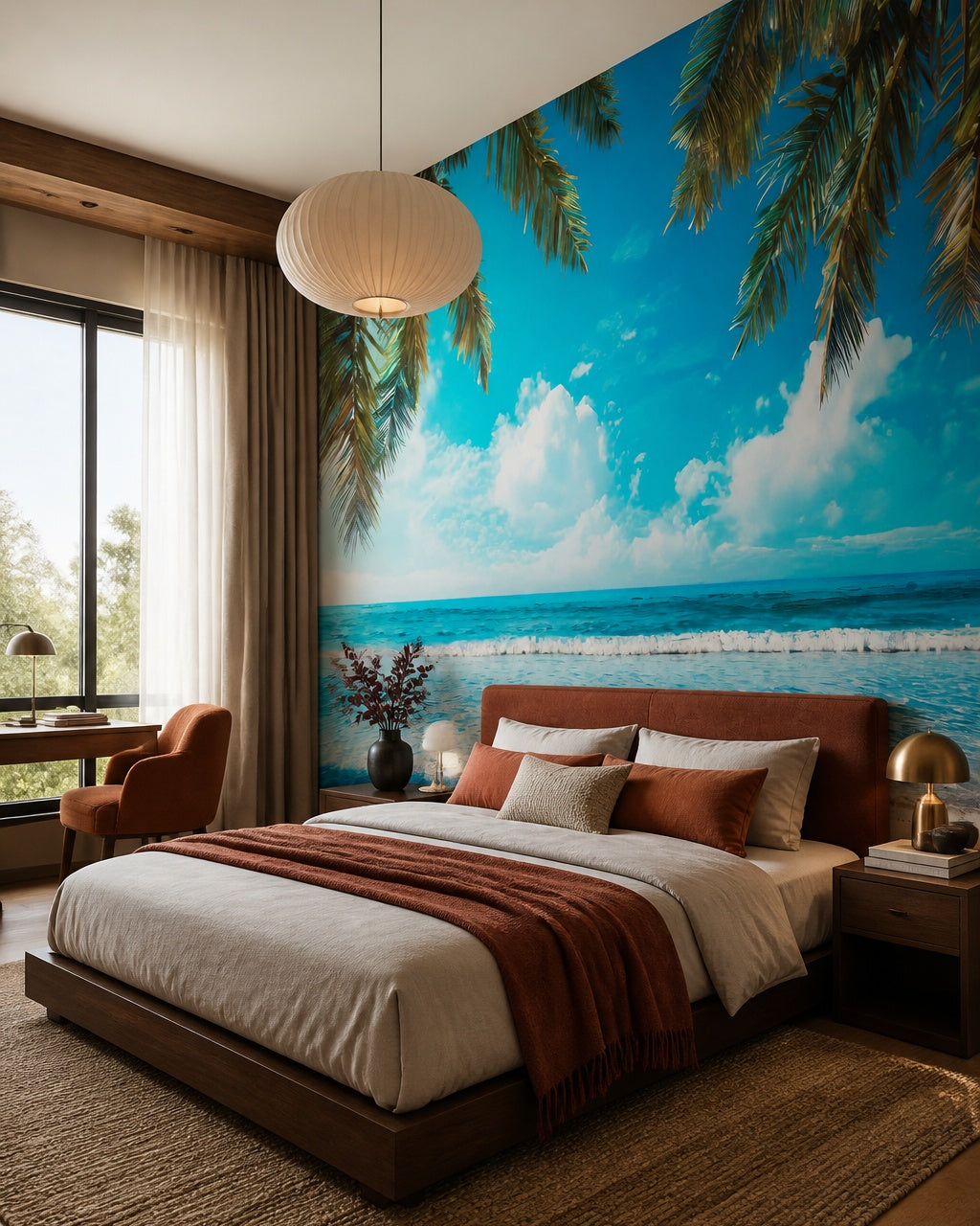 Palm fringed ocean wallpaper in a designer bedroom.