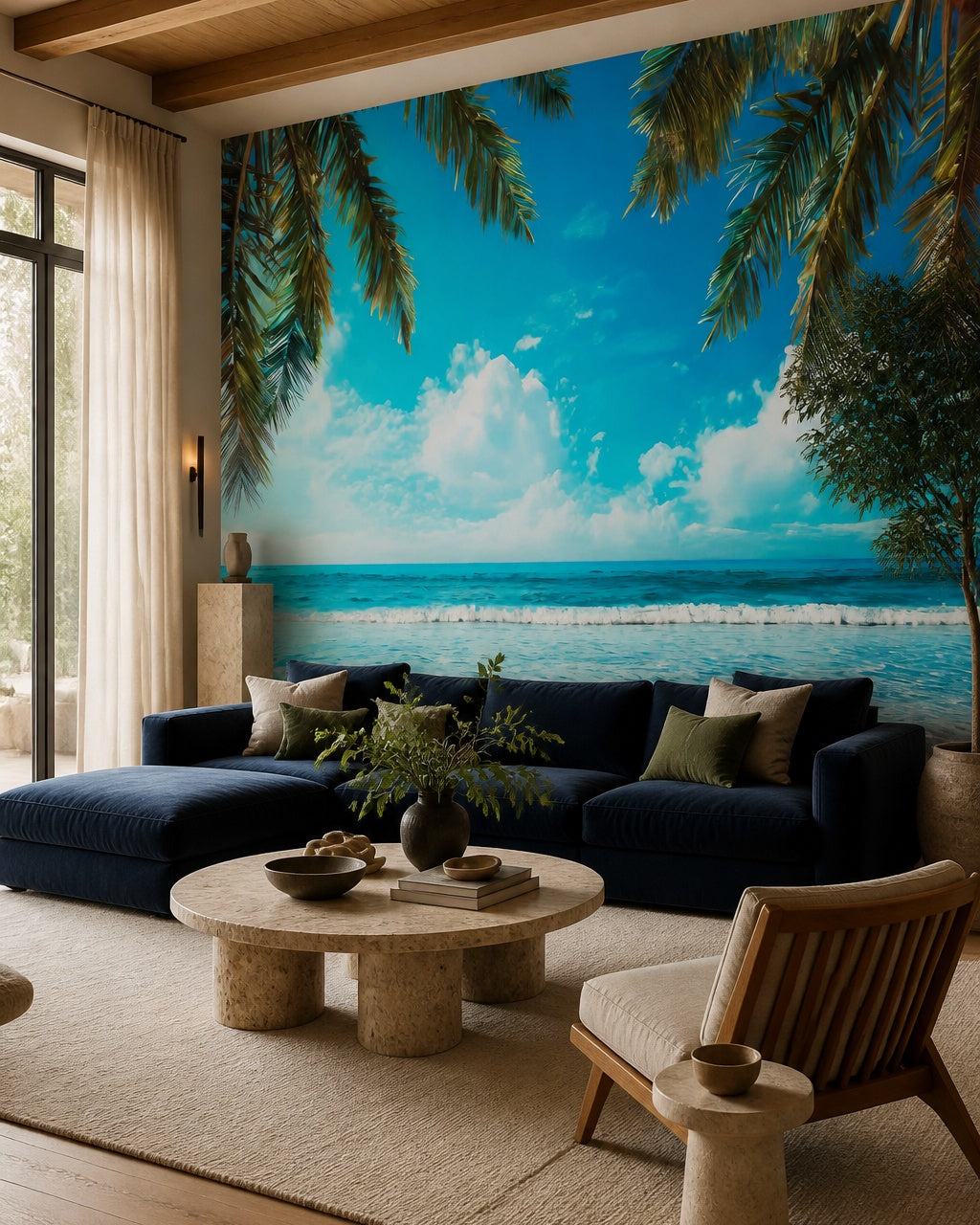 Palm fringed ocean wallpaper in a designer living room.