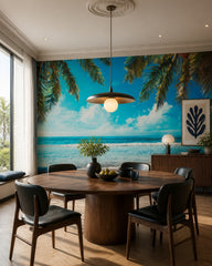 Palm fringed ocean wallpaper in a refined dining area.