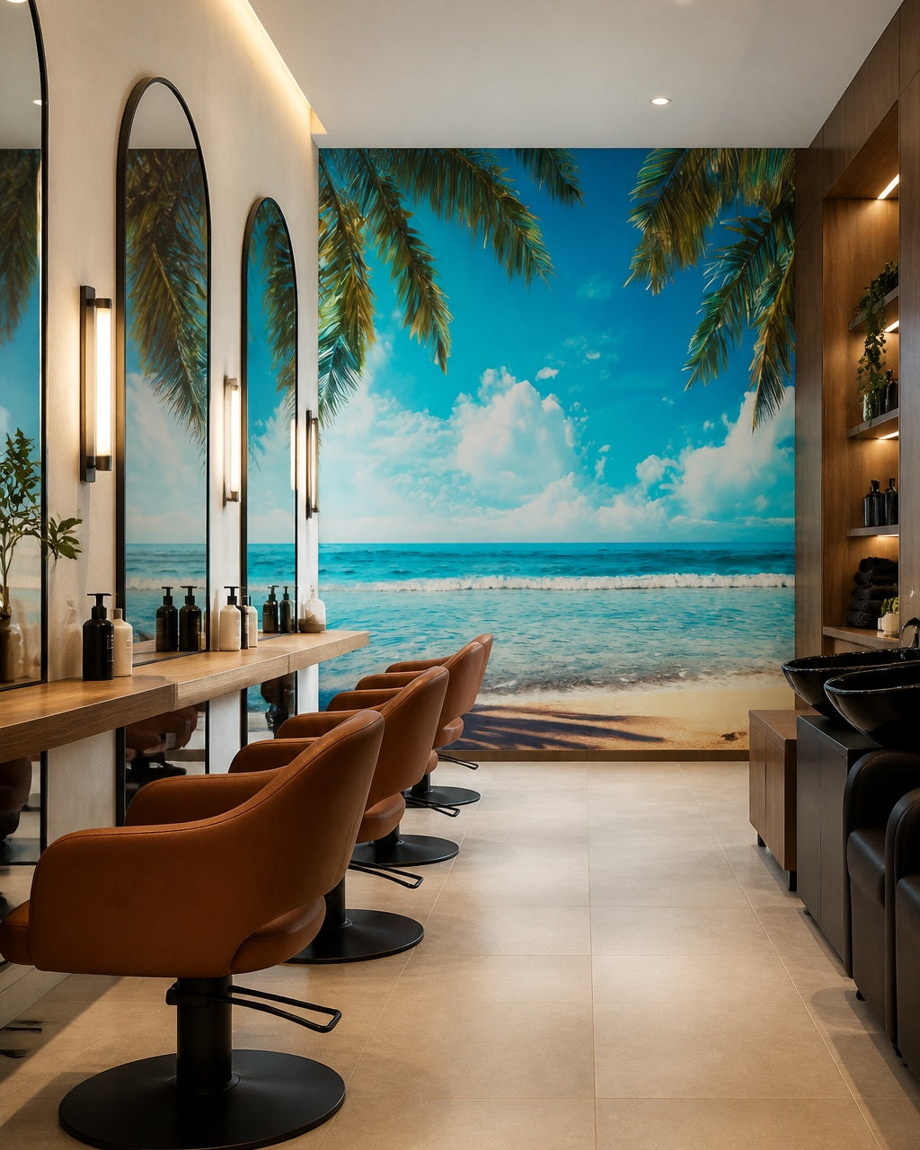 Palm fringed ocean wallpaper in a beauty salon.