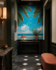 Palm fringed ocean wallpaper in an architectural hallway.