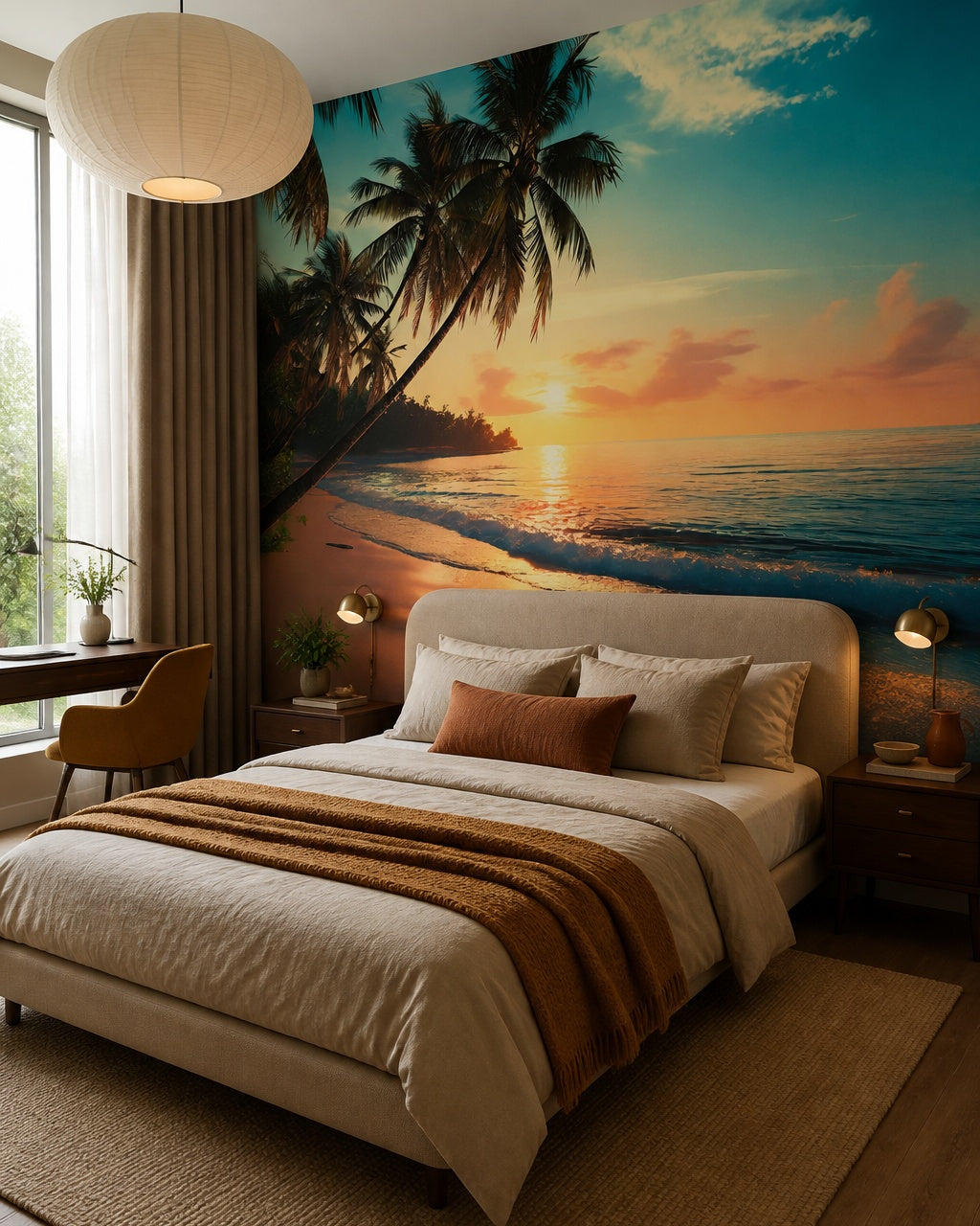 Tropical sunset beach wallpaper in a designer bedroom.