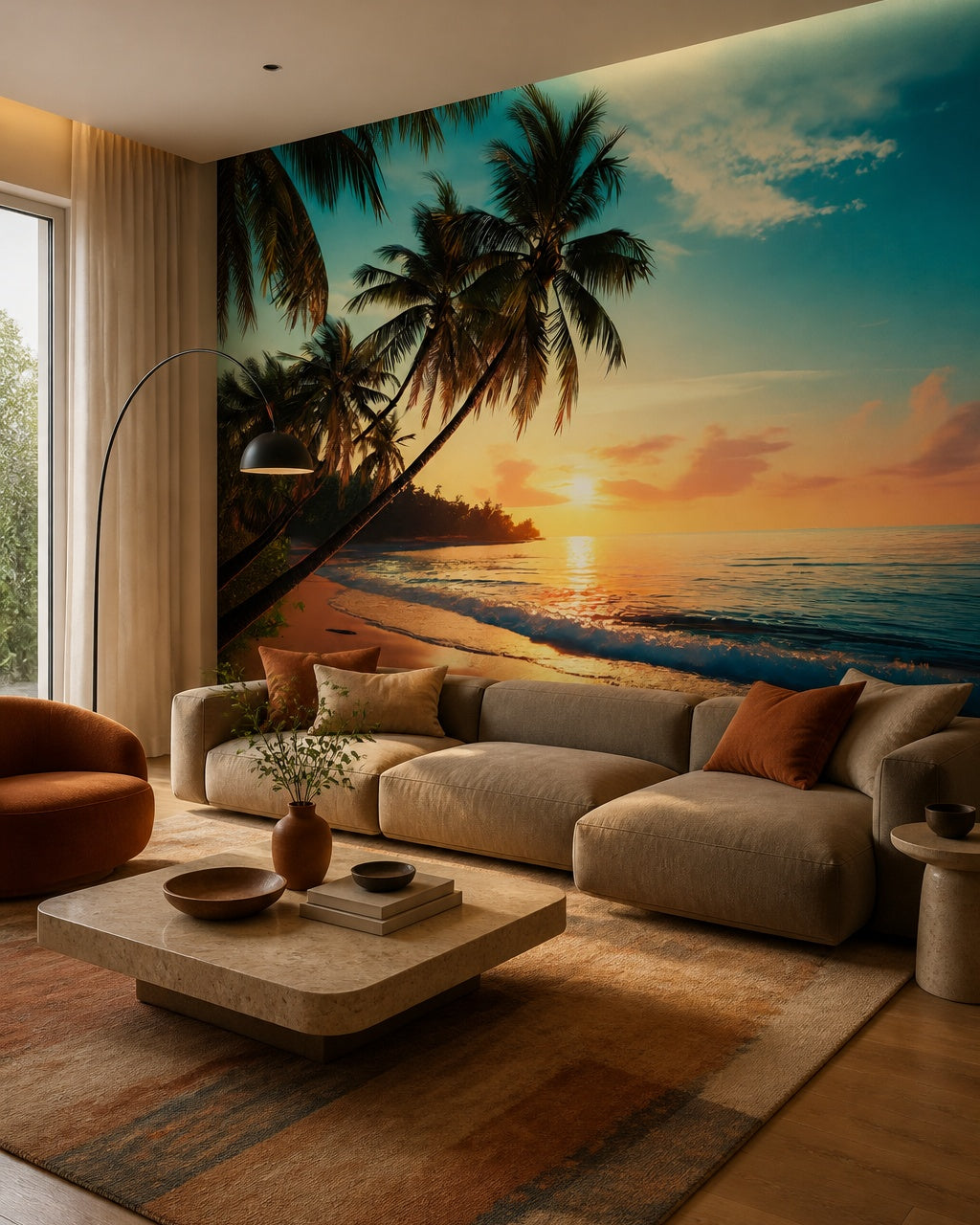 Tropical sunset beach wallpaper in a designer living room.