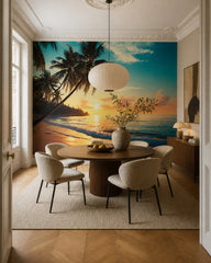 Tropical sunset beach wallpaper in a refined dining area.