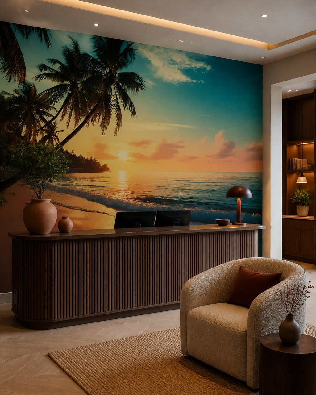 Tropical sunset beach wallpaper at a hotel reception desk.