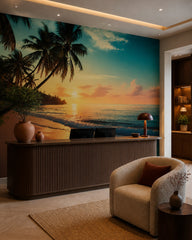 Tropical sunset beach wallpaper at a hotel reception desk.