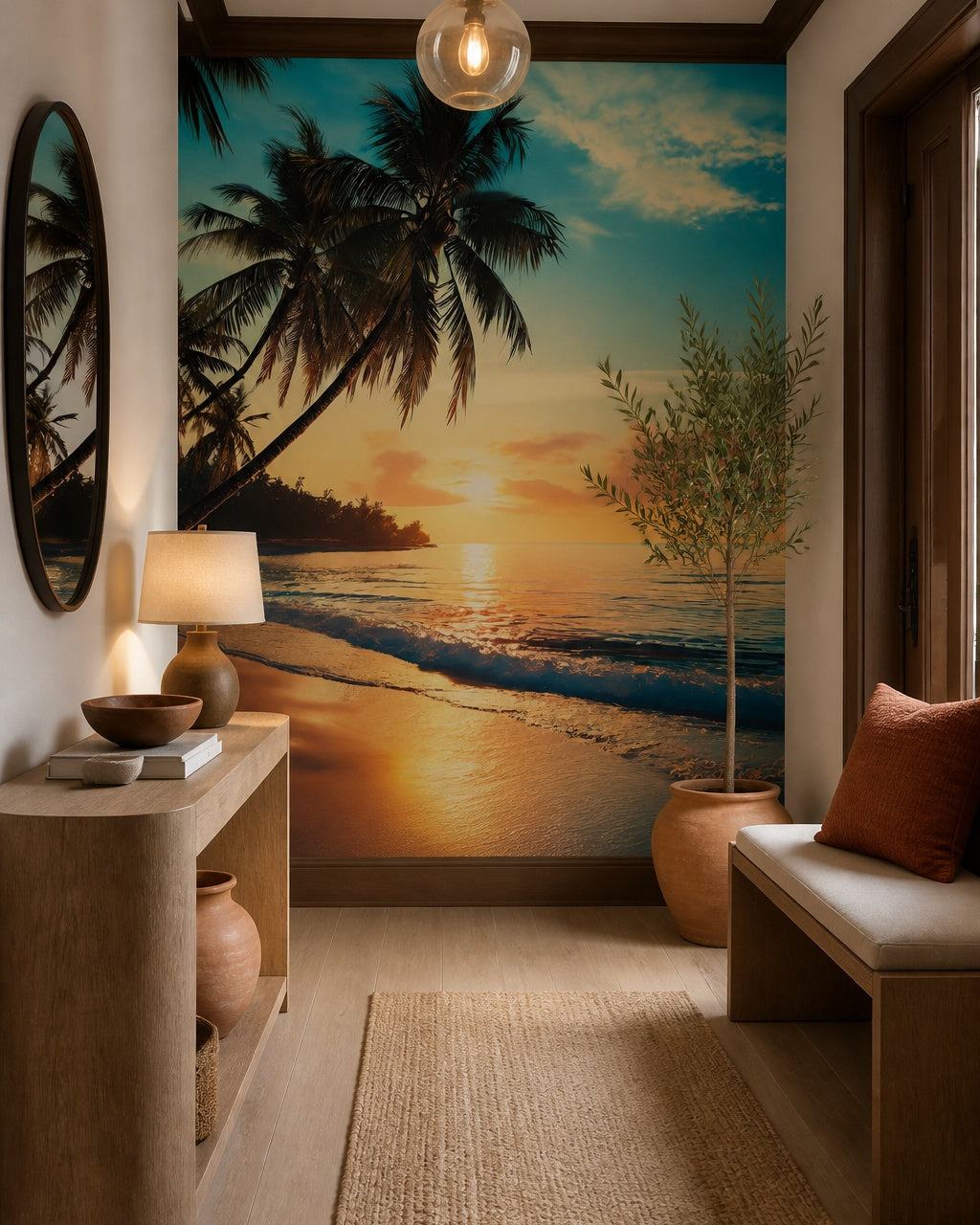 Tropical sunset beach wallpaper in a refined foyer.